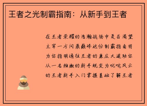 王者之光制霸指南：从新手到王者